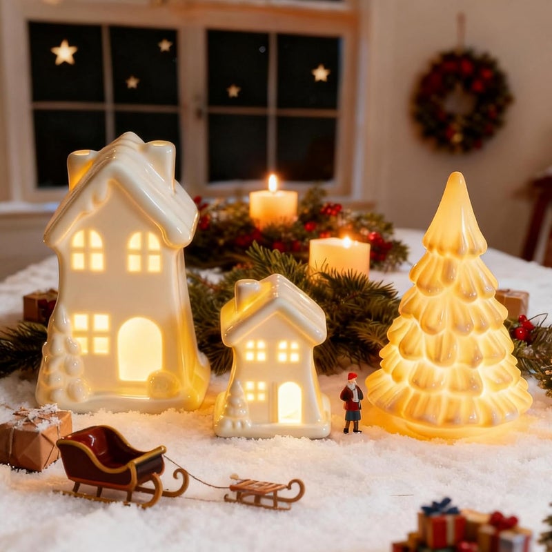 NEROSUN Ceramic Christmas Village Houses, 3Pcs LED Lighted Porcelain White Small House and Xmas Tree Tabletop Figurines, Light Up Christmas Decorations for Home Shelf Cabinet Table Winter Decor - Image 1